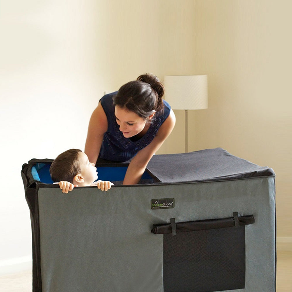 Travel Cot SnoozeShade Blackout Cover available at Bear & Moo